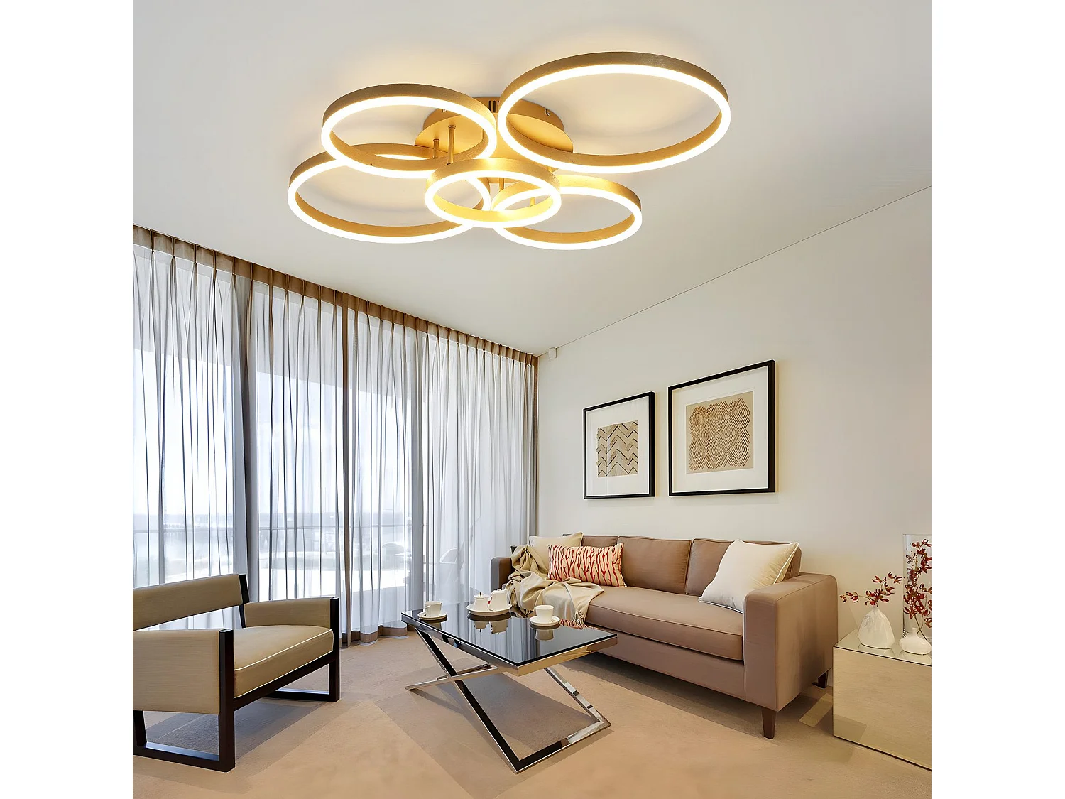 Plafonnier LED NETTLIFE doré à 2 anneaux en acrylique, 46 W, intensité variable, pour salon, moderne, 59 cm, avec télécommande