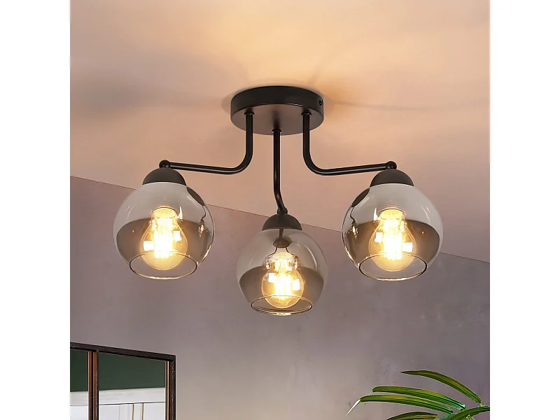 NETTLIFE Zwarte glazen plafondlamp: vintage keukenlamp, industriële hallamp met 3 E27-lampen