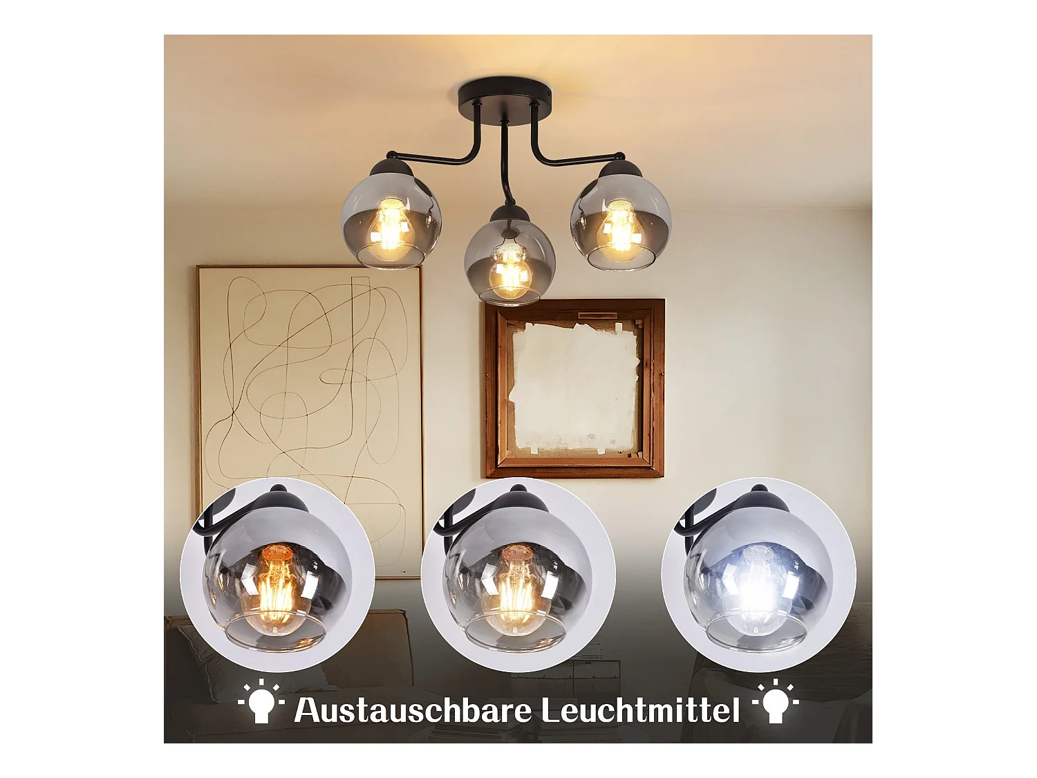 Plafonnier NETTLIFE en verre noir : lampe de cuisine vintage, lampe de couloir industrielle à 3 lampes E27