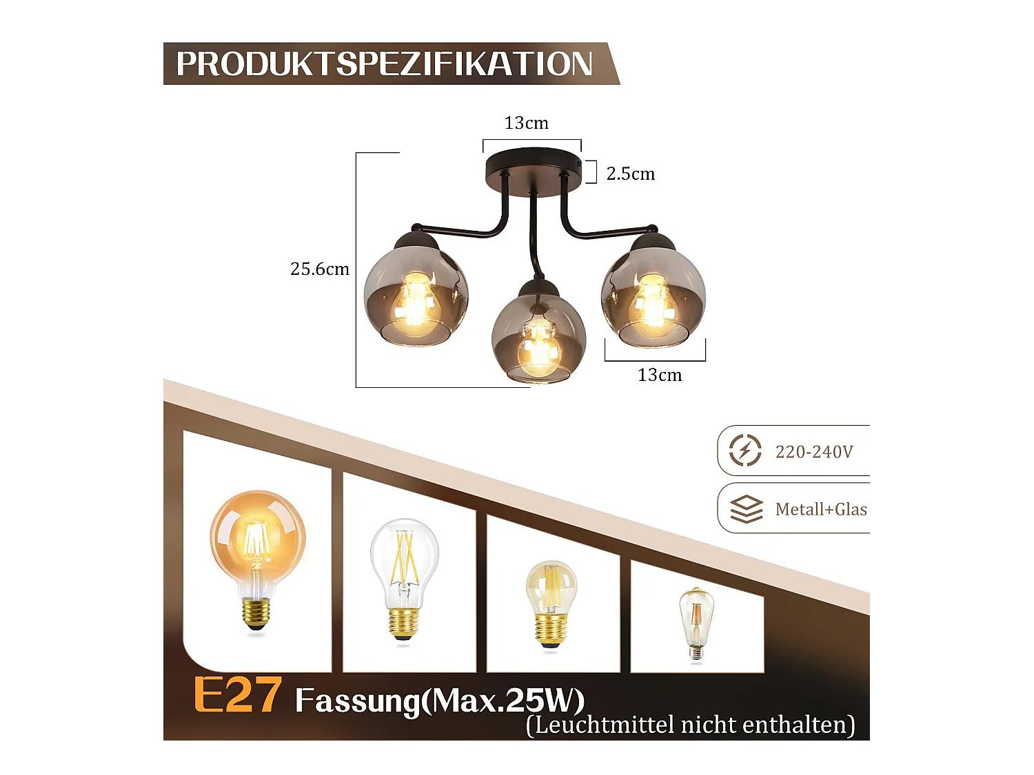 Plafonnier NETTLIFE en verre noir : lampe de cuisine vintage, lampe de couloir industrielle à 3 lampes E27