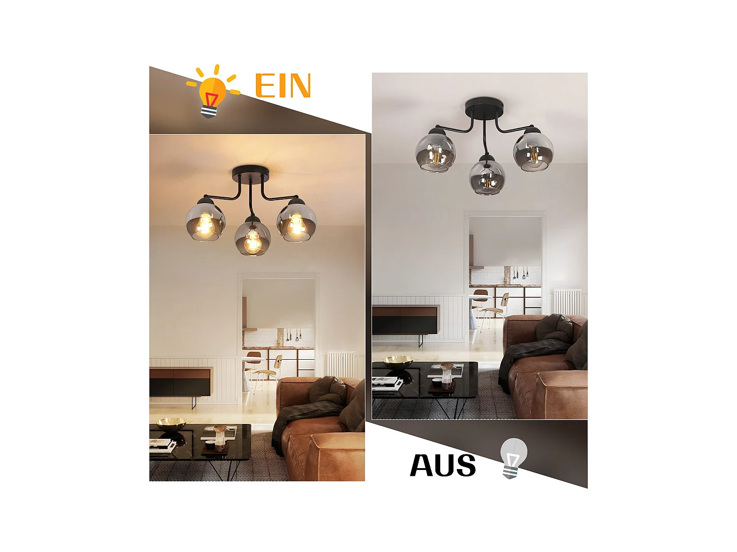 Plafonnier NETTLIFE en verre noir : lampe de cuisine vintage, lampe de couloir industrielle à 3 lampes E27