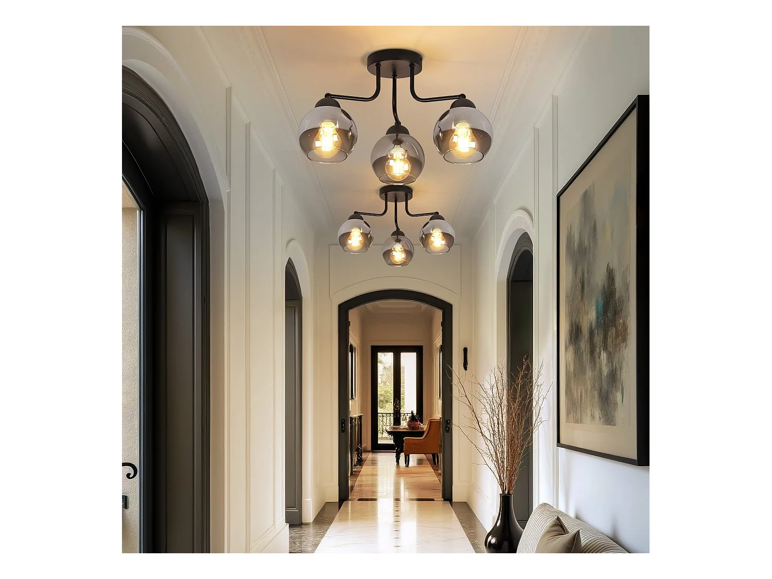 Plafonnier NETTLIFE en verre noir : lampe de cuisine vintage, lampe de couloir industrielle à 3 lampes E27