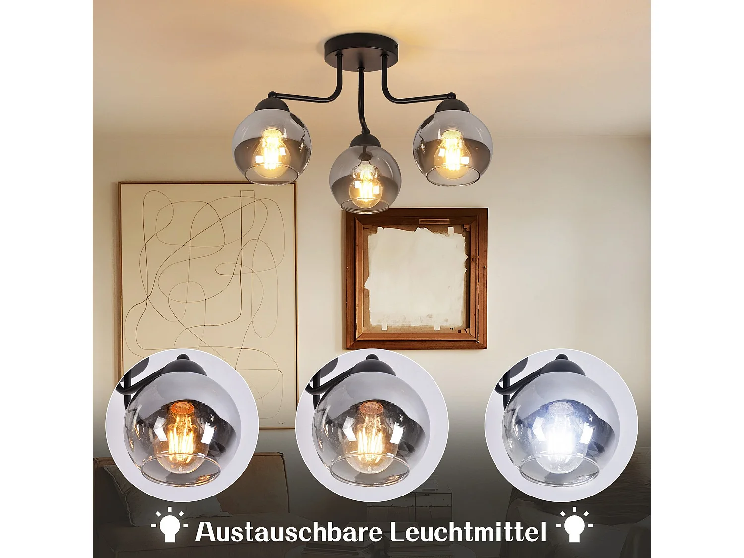 NETTLIFE Schwarze Glas-Deckenleuchte: Vintage-Küchenlampe, Industrielle Flurlampe mit 3 E27-Glühbirnen