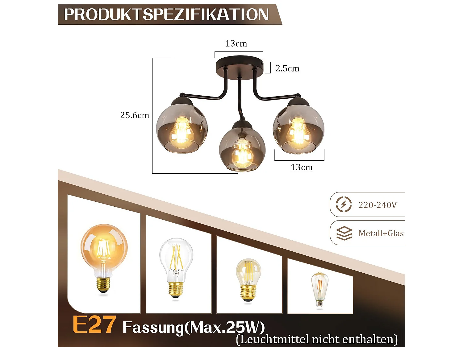 NETTLIFE Schwarze Glas-Deckenleuchte: Vintage-Küchenlampe, Industrielle Flurlampe mit 3 E27-Glühbirnen
