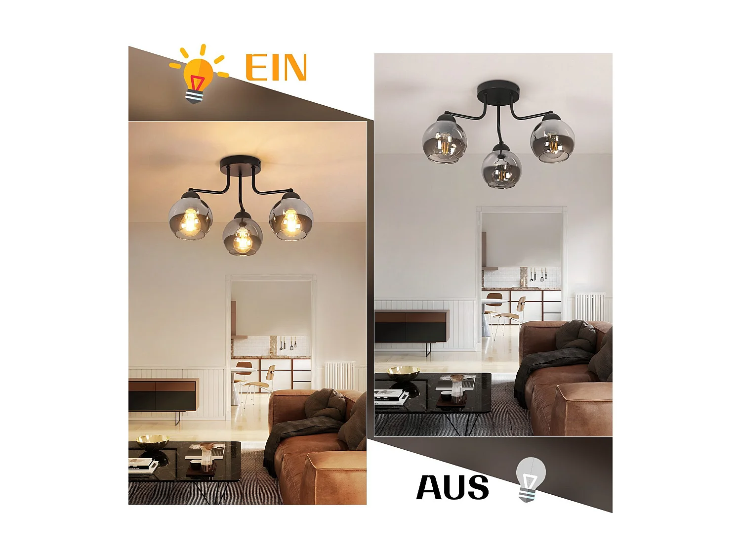 NETTLIFE Schwarze Glas-Deckenleuchte: Vintage-Küchenlampe, Industrielle Flurlampe mit 3 E27-Glühbirnen