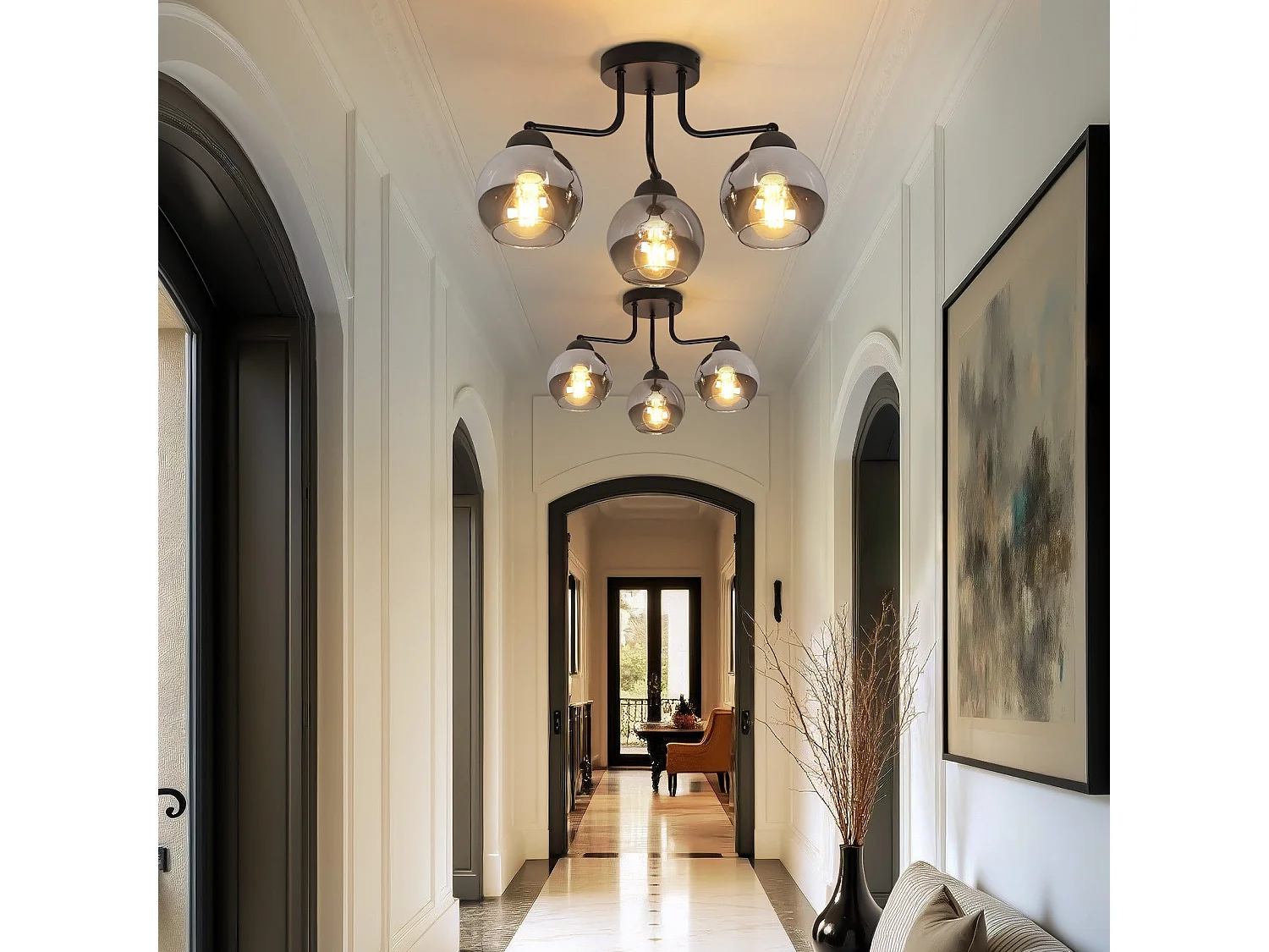 NETTLIFE Schwarze Glas-Deckenleuchte: Vintage-Küchenlampe, Industrielle Flurlampe mit 3 E27-Glühbirnen