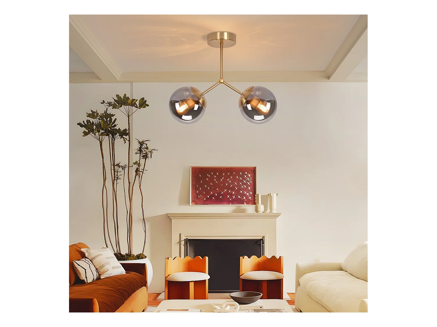 Lámpara de techo para pasillo NETTLIFE: Lámpara de techo vintage E27 con bola de cristal dorado y 2 luces.