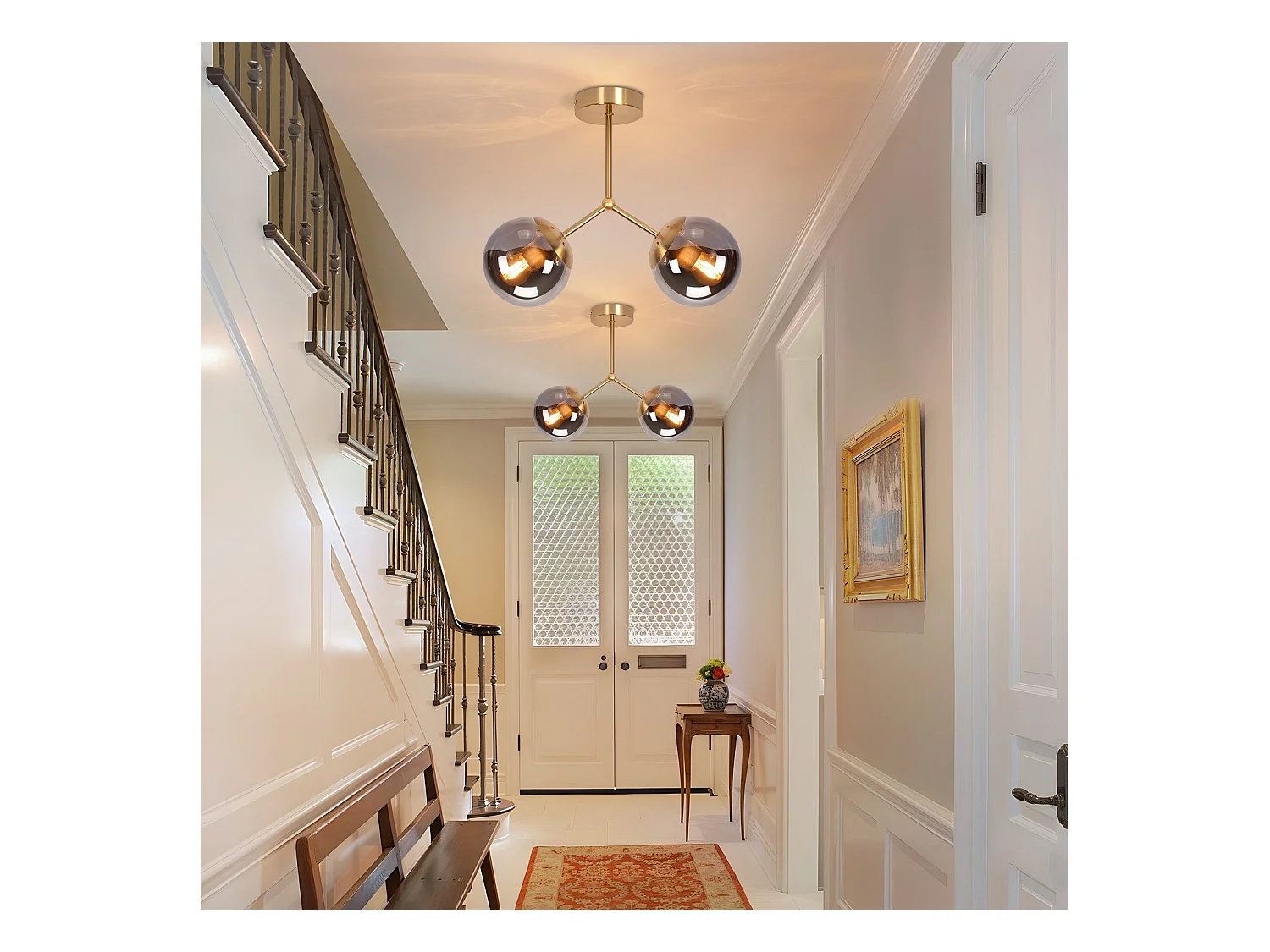 Lámpara de techo para pasillo NETTLIFE: Lámpara de techo vintage E27 con bola de cristal dorado y 2 luces.