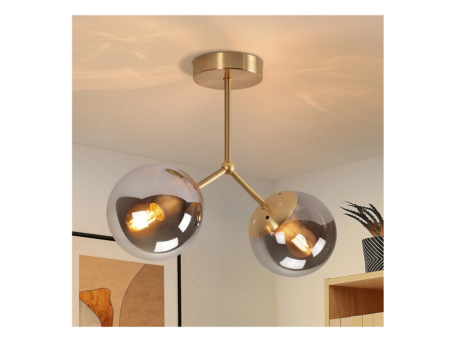 Plafonnier NETTLIFE en verre pour couloir : Plafonnier vintage E27 pour couloir en boule dorée en verre à 2 lumières