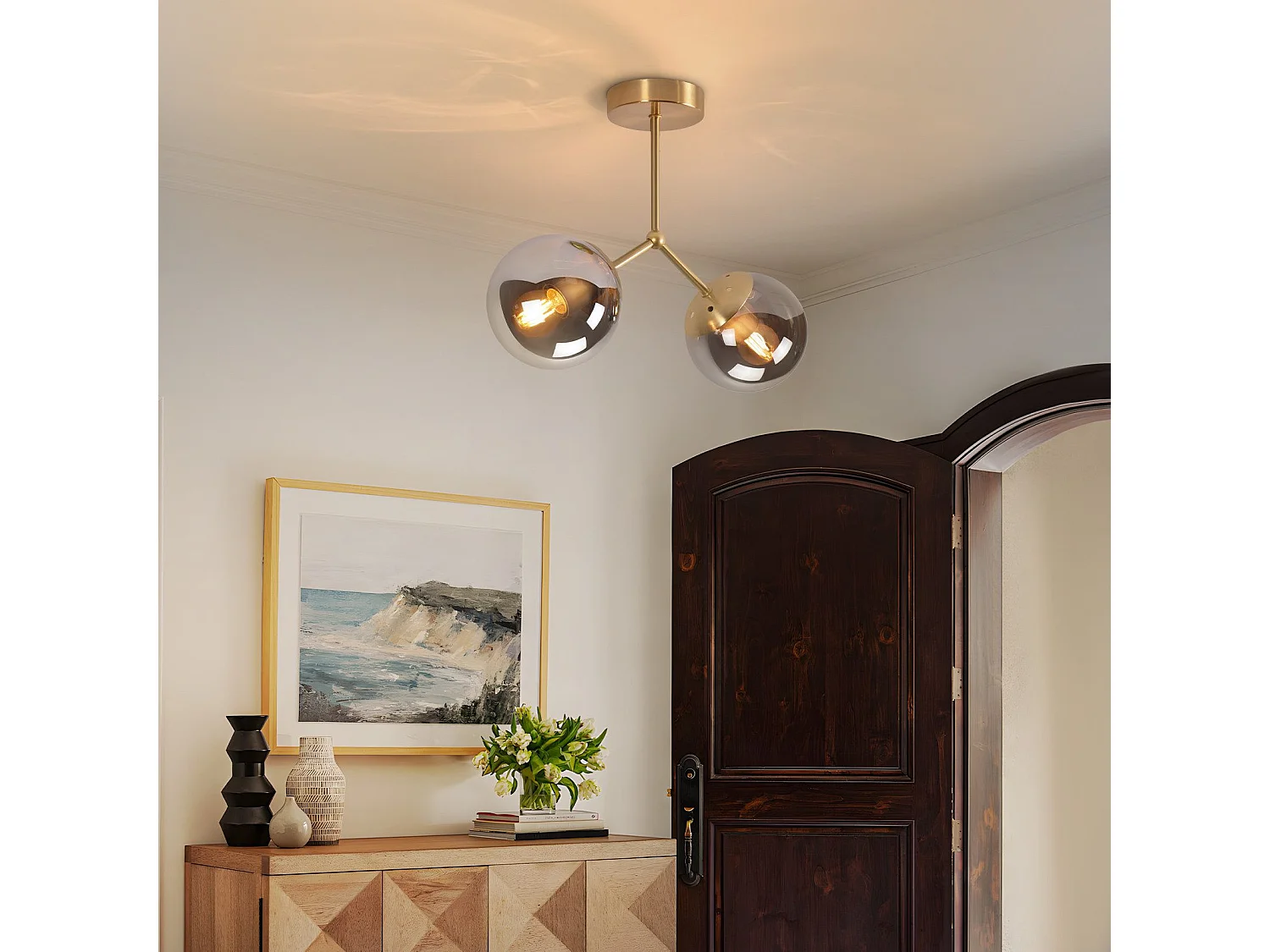 Plafonnier NETTLIFE en verre pour couloir : Plafonnier vintage E27 pour couloir en boule dorée en verre à 2 lumières