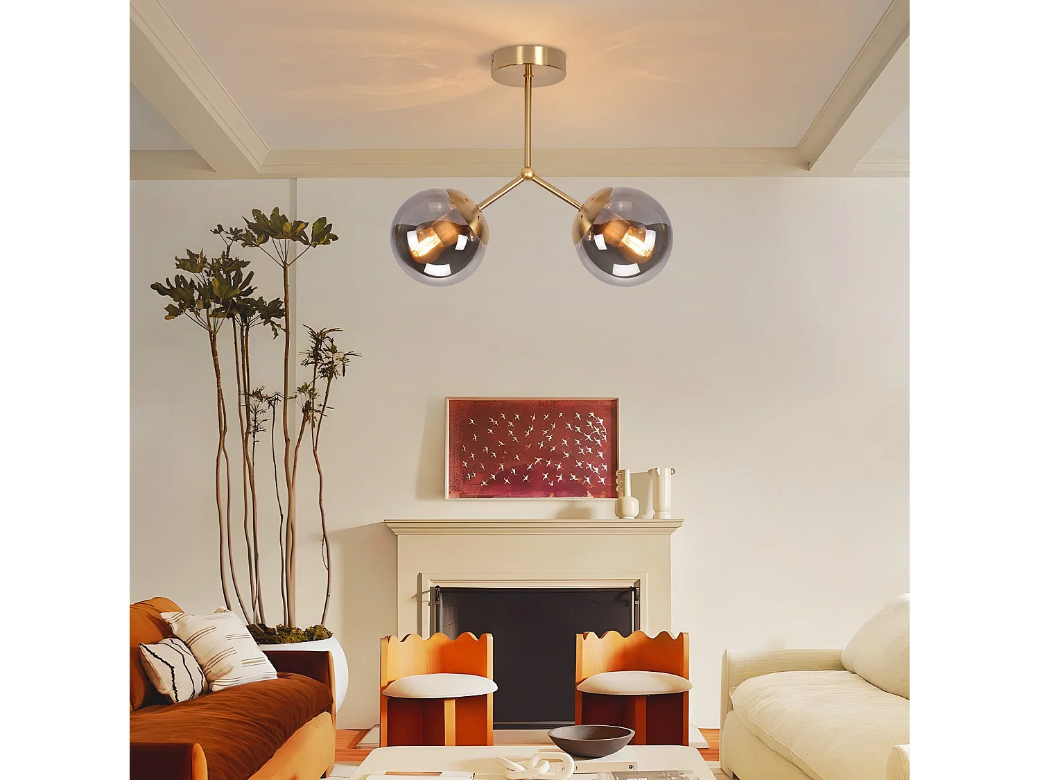 Plafonnier NETTLIFE en verre pour couloir : Plafonnier vintage E27 pour couloir en boule dorée en verre à 2 lumières