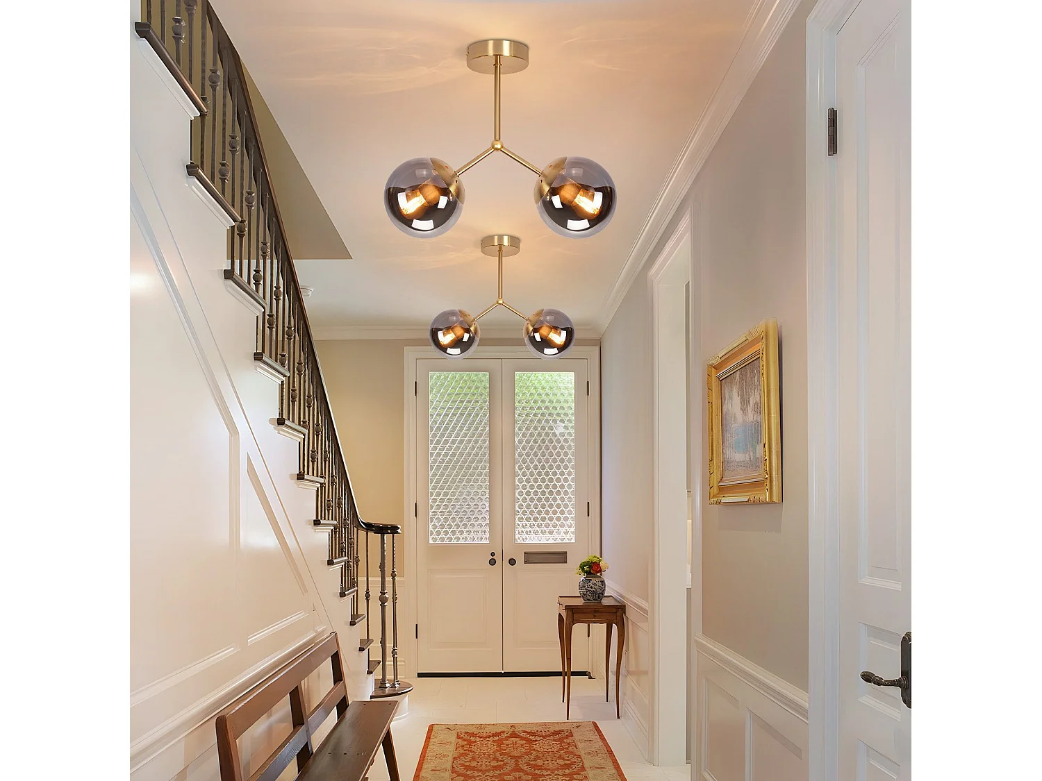 Plafonnier NETTLIFE en verre pour couloir : Plafonnier vintage E27 pour couloir en boule dorée en verre à 2 lumières