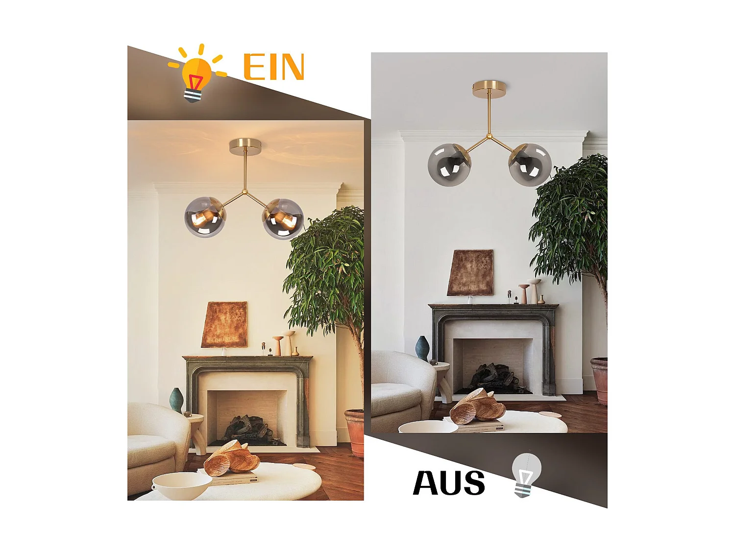 Plafonnier NETTLIFE en verre pour couloir : Plafonnier vintage E27 pour couloir en boule dorée en verre à 2 lumières