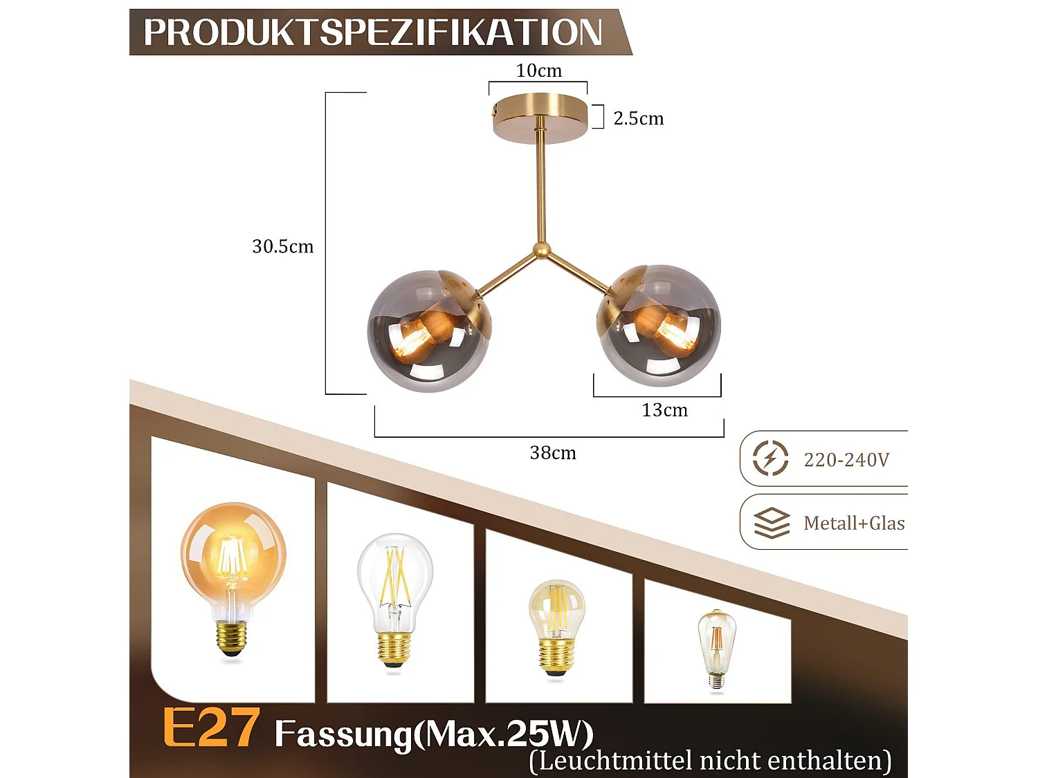 Plafonnier NETTLIFE en verre pour couloir : Plafonnier vintage E27 pour couloir en boule dorée en verre à 2 lumières