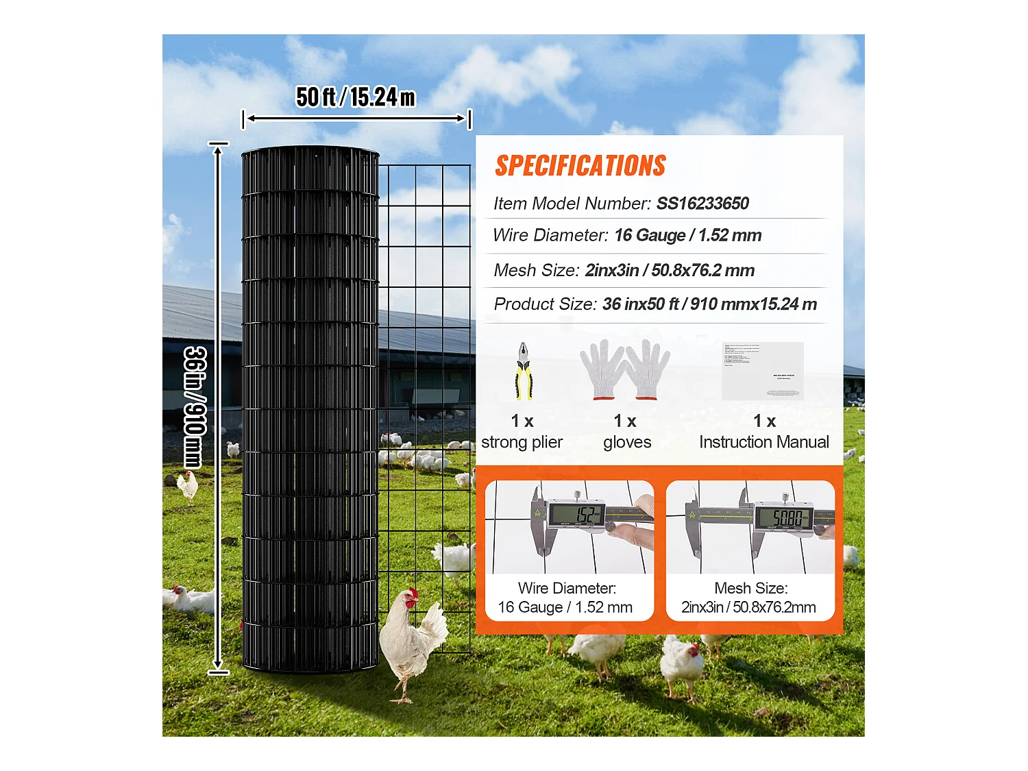 Rouleau de Treillis Métallique Galvanisé SucceBuy Hardware Cloth, Grillage à Poules de Calibre 16, Treillis Métallique Enduit de Vinyle