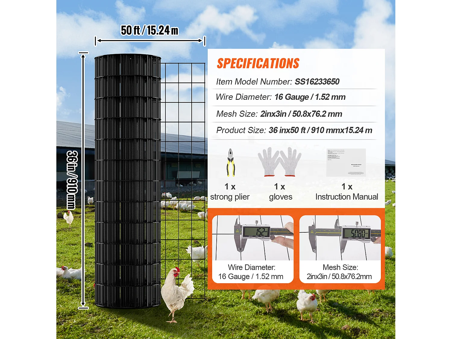 Rouleau de Treillis Métallique Galvanisé SucceBuy Hardware Cloth, Grillage à Poules de Calibre 16, Treillis Métallique Enduit de Vinyle