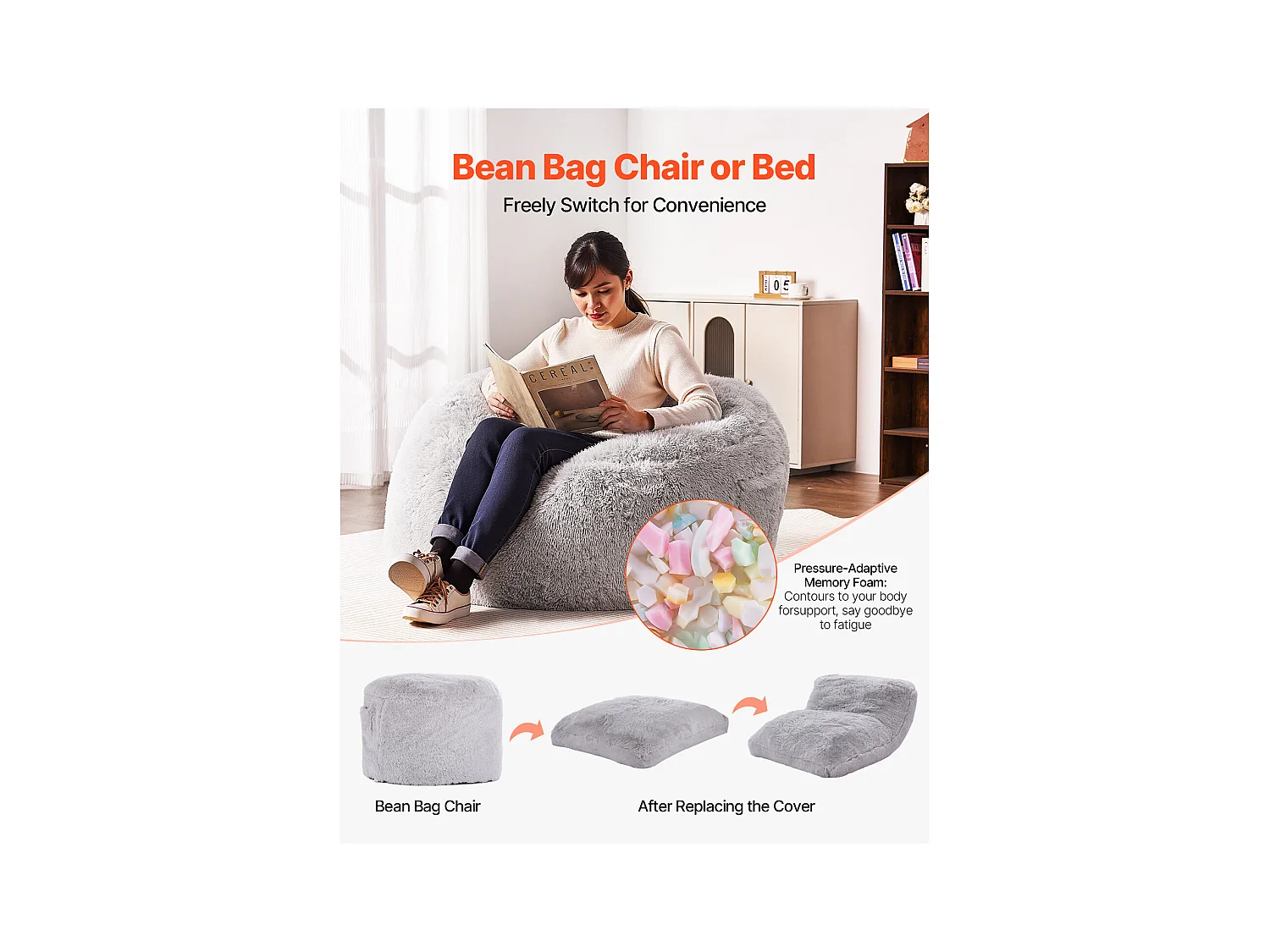 Pouf Fauteuil, SucceBuy Pouf-Lit, Convertible en Fauteuil ou en Matelas, Gris (Queen)