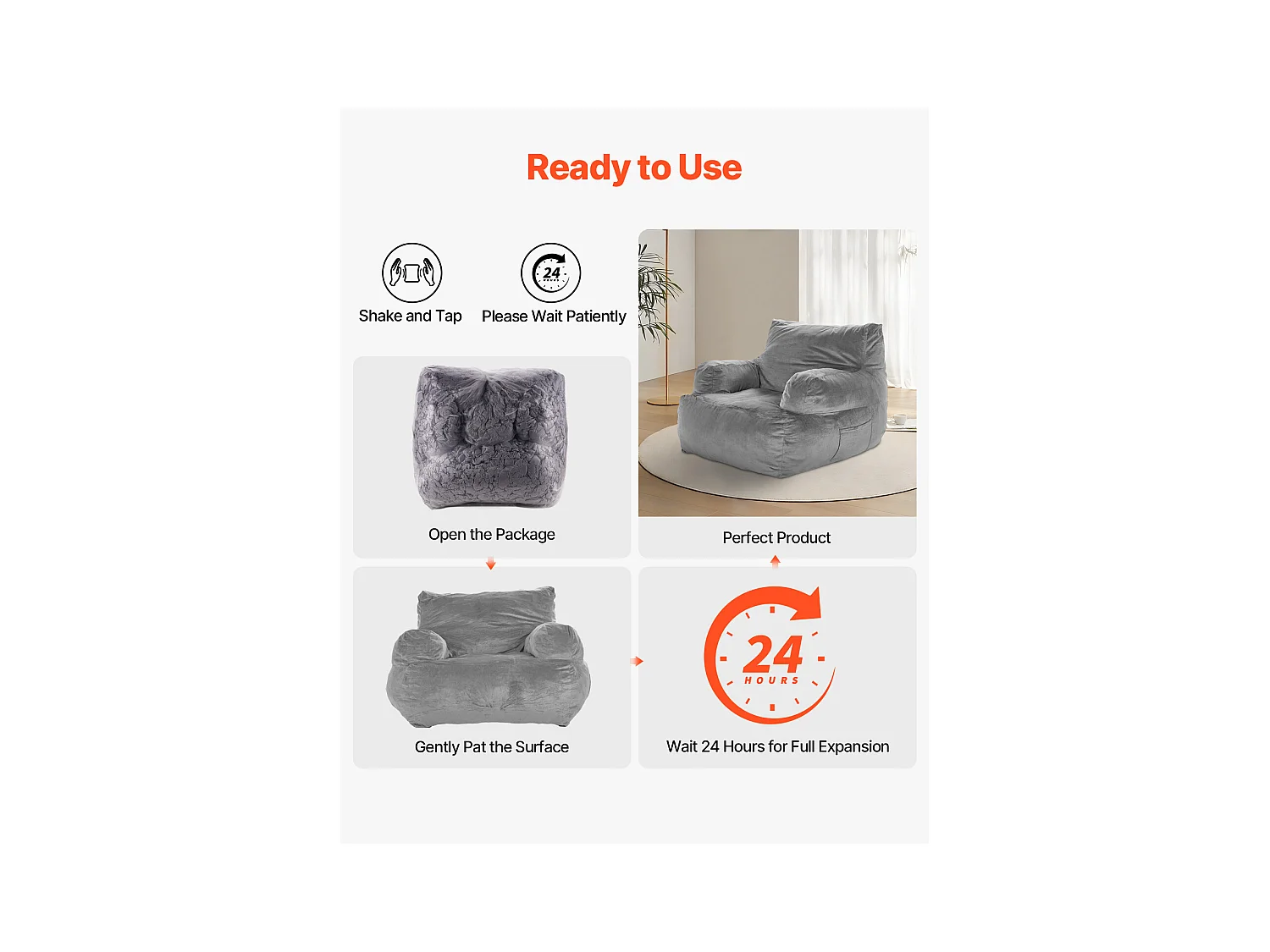 Pouf Fauteuil, SucceBuy Pouf Fauteuil avec Accoudoirs pour Adultes et Pouf Rempli de Mousse Haute Densité, Fauteuil Confortable pour Salon à Coucher, Gris