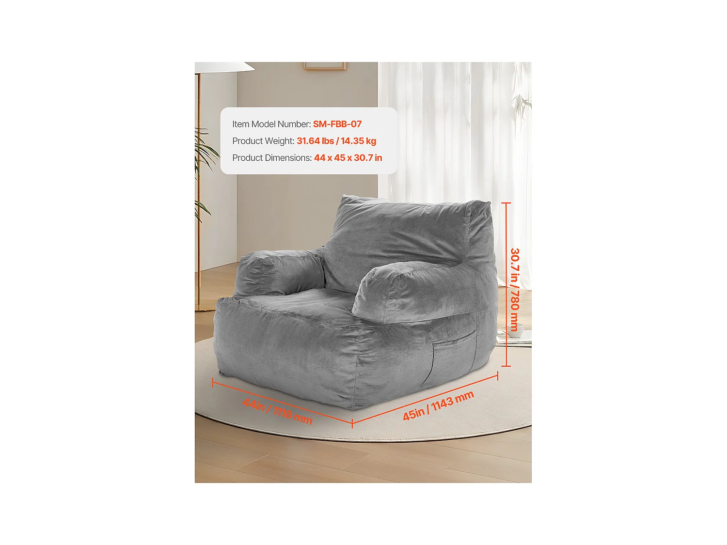 Pouf Fauteuil, SucceBuy Pouf Fauteuil avec Accoudoirs pour Adultes et Pouf Rempli de Mousse Haute Densité, Fauteuil Confortable pour Salon à Coucher, Gris