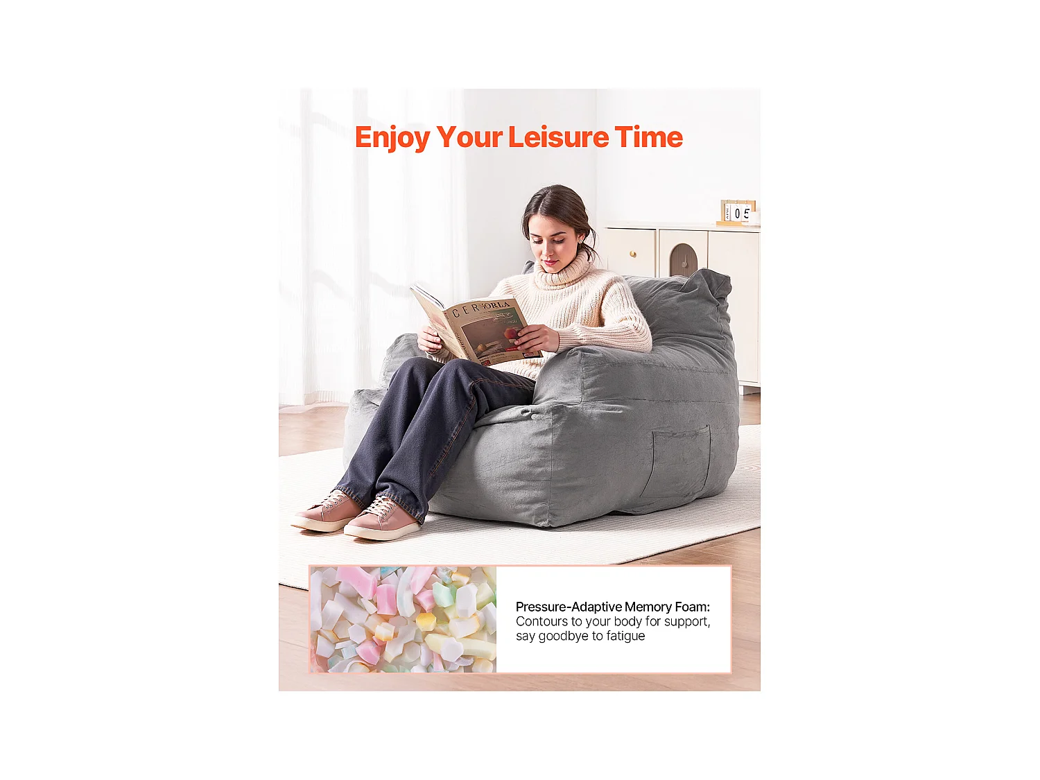 Pouf Fauteuil, SucceBuy Pouf Fauteuil avec Accoudoirs pour Adultes et Pouf Rempli de Mousse Haute Densité, Fauteuil Confortable pour Salon à Coucher, Gris