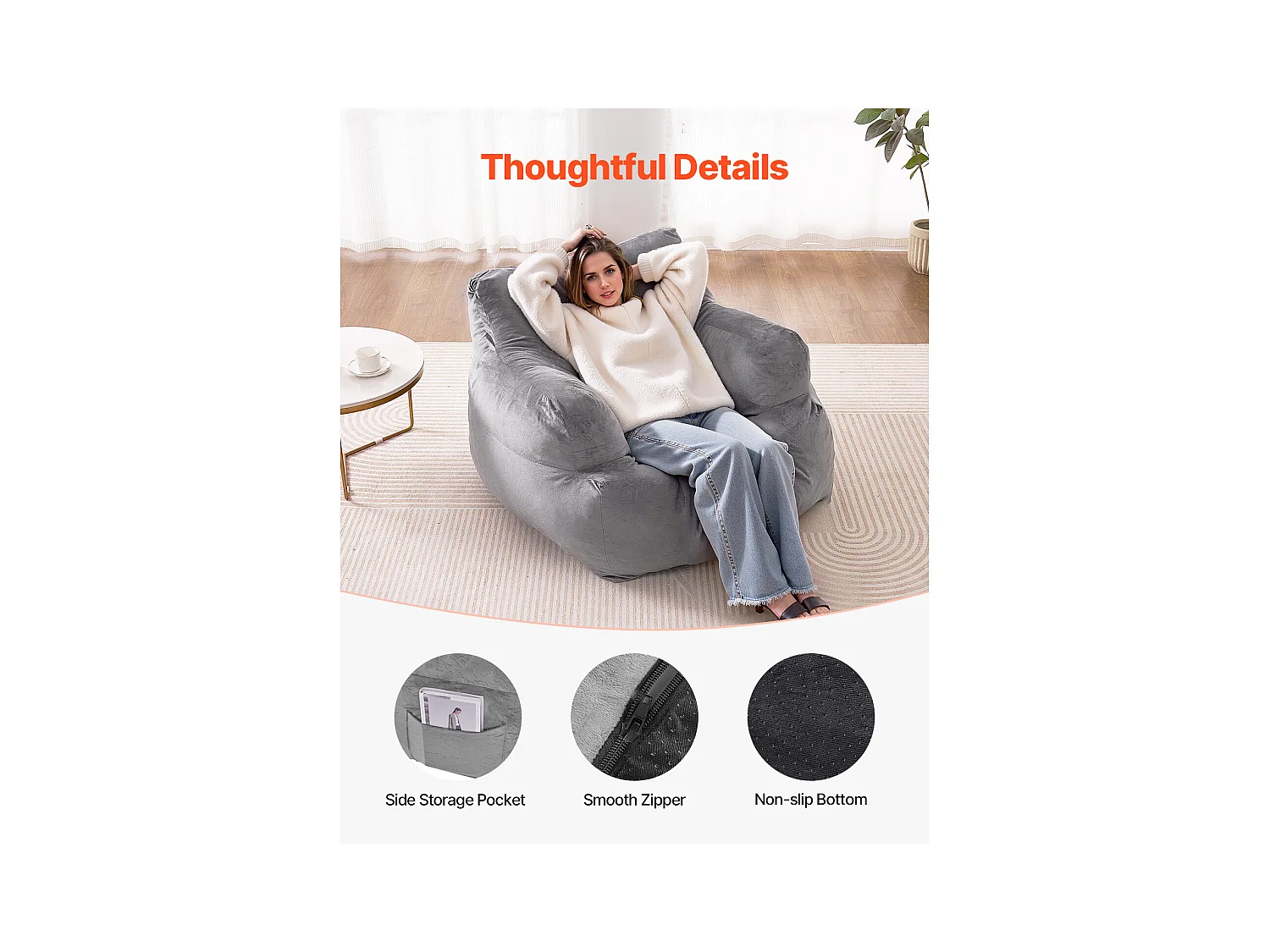 Pouf Fauteuil, SucceBuy Pouf Fauteuil avec Accoudoirs pour Adultes et Pouf Rempli de Mousse Haute Densité, Fauteuil Confortable pour Salon à Coucher, Gris