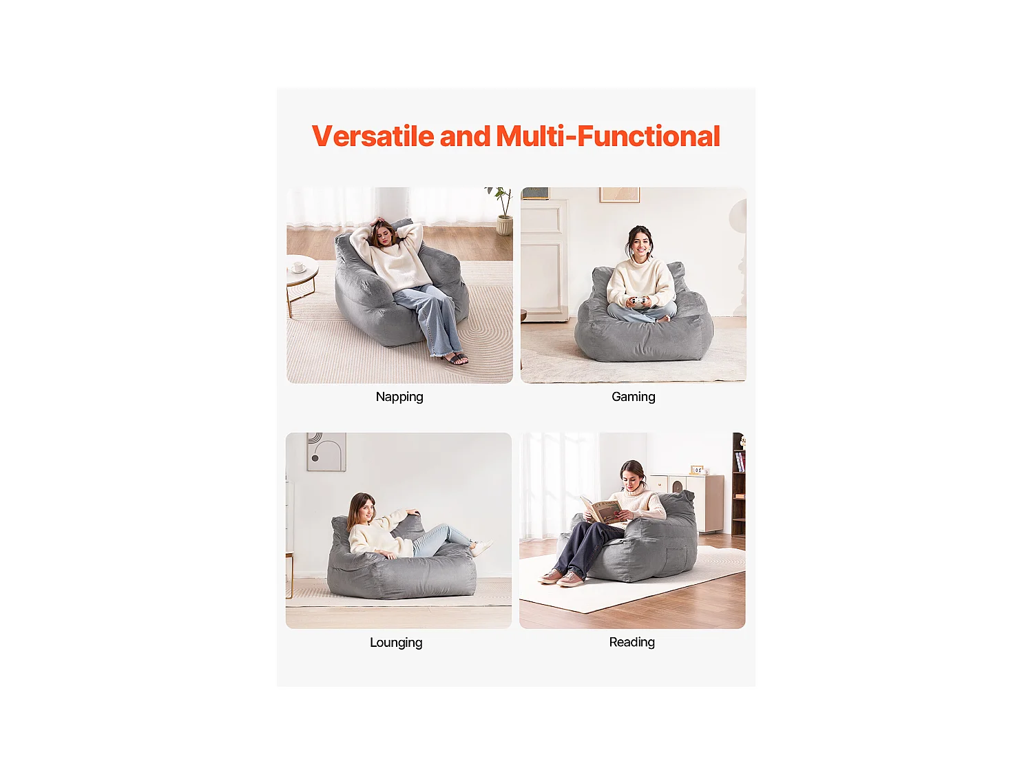 Pouf Fauteuil, SucceBuy Pouf Fauteuil avec Accoudoirs pour Adultes et Pouf Rempli de Mousse Haute Densité, Fauteuil Confortable pour Salon à Coucher, Gris