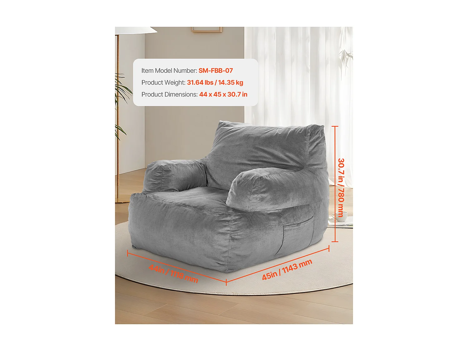 Pouf Stoel, SucceBuy Pouf Stoel met Armleuningen voor Volwassenen en Pouf Gevuld met Hoogdichtheidsschuim, Comfortabele Stoel voor Woonkamer Slaapkamer, Grijs