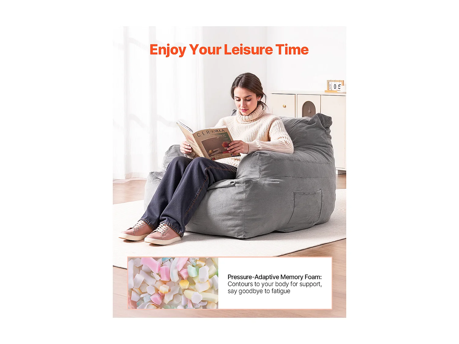 Pouf Stoel, SucceBuy Pouf Stoel met Armleuningen voor Volwassenen en Pouf Gevuld met Hoogdichtheidsschuim, Comfortabele Stoel voor Woonkamer Slaapkamer, Grijs