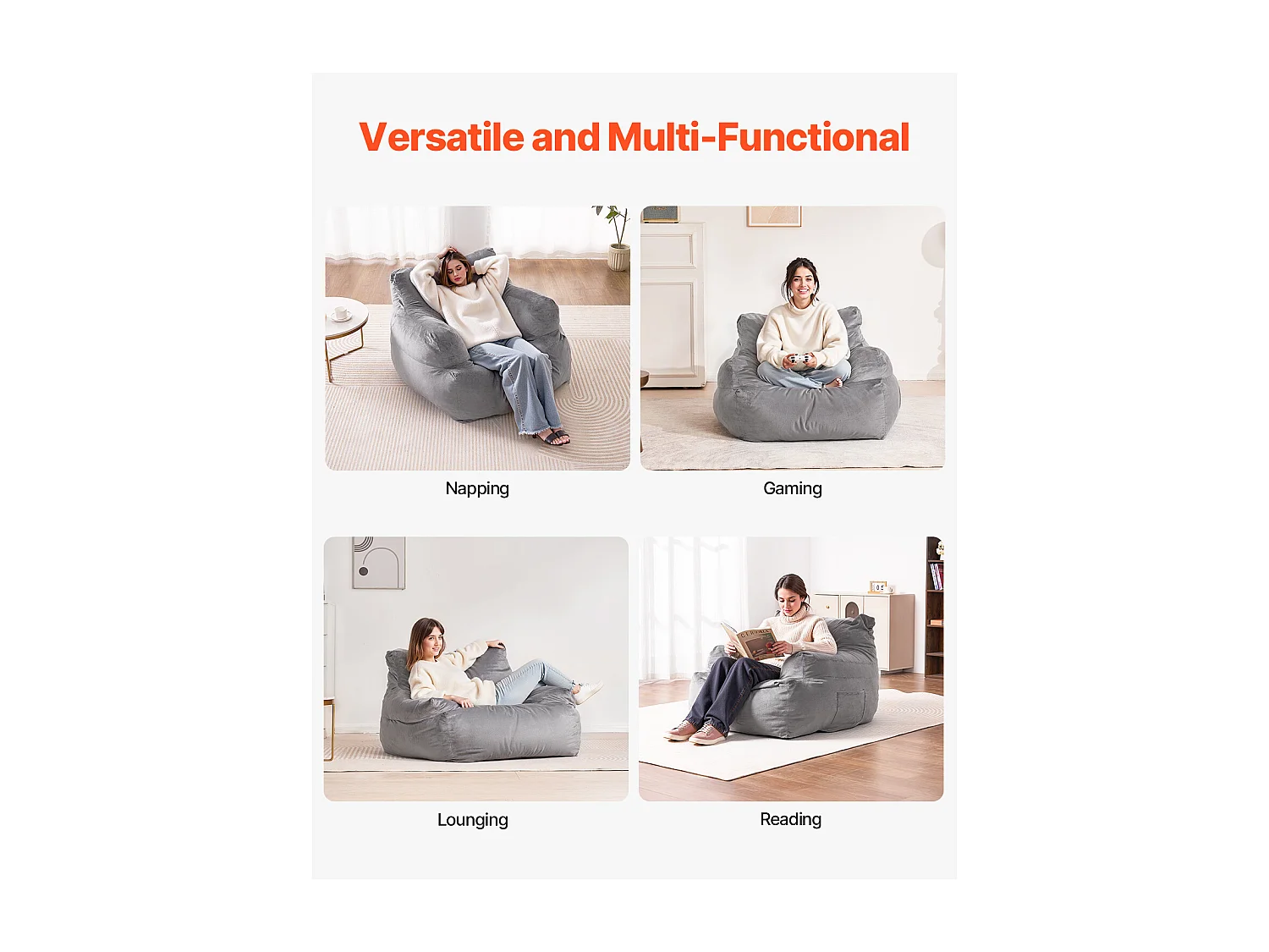 Pouf Stoel, SucceBuy Pouf Stoel met Armleuningen voor Volwassenen en Pouf Gevuld met Hoogdichtheidsschuim, Comfortabele Stoel voor Woonkamer Slaapkamer, Grijs