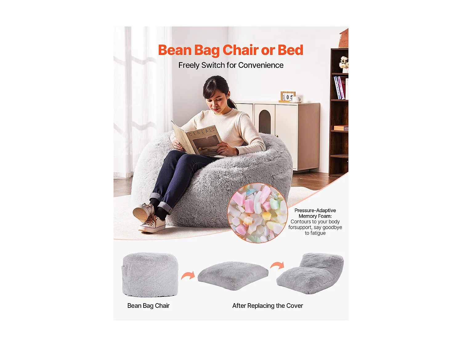 Pufe Poltrona, SucceBuy Pufe Cama Gigante com Capa Lavável para Adultos, Peluche Macio, Preenchimento em Espuma e Bolso Lateral, Cinza