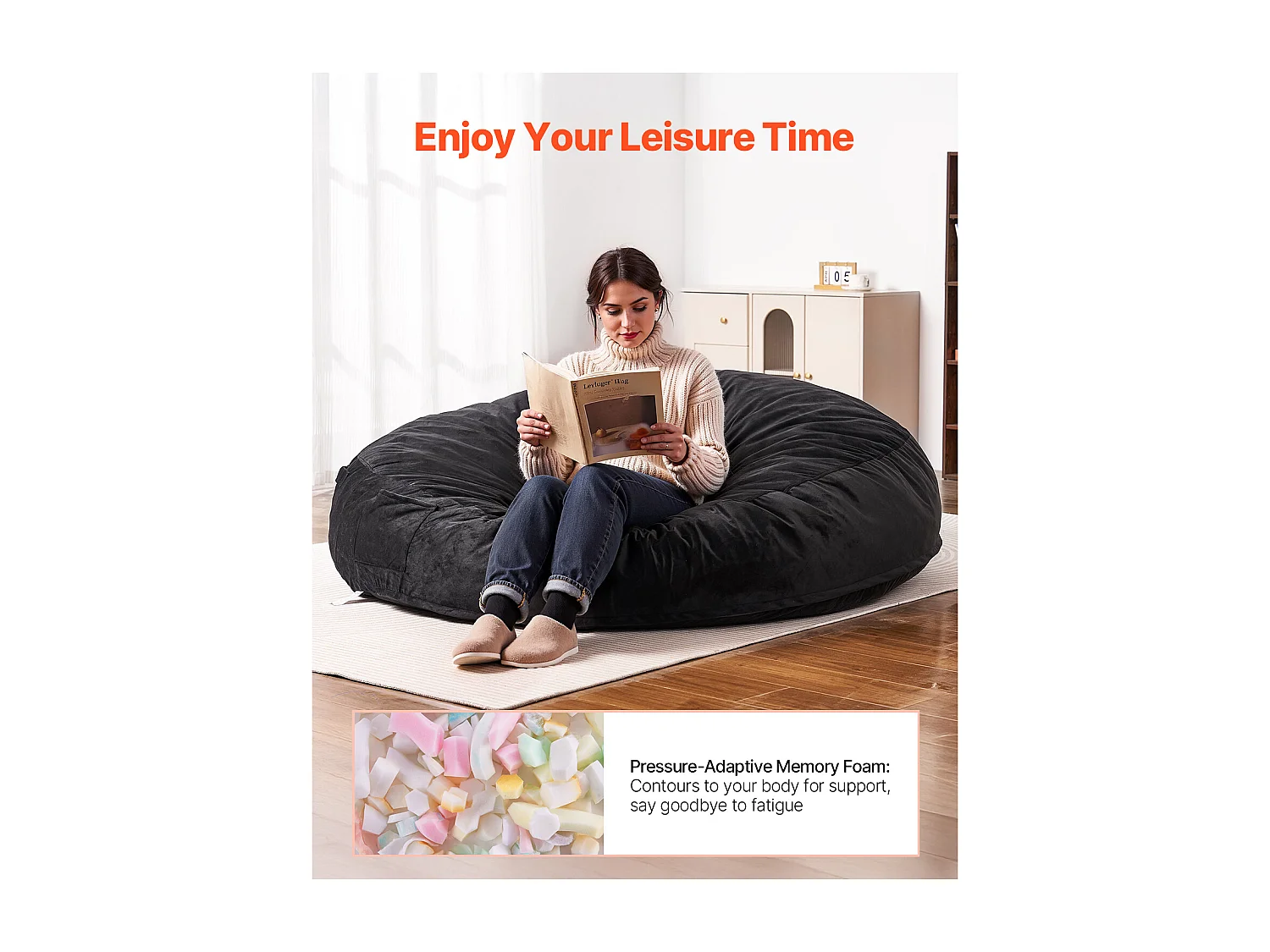 Pouf Fauteuil, SucceBuy Pouf Rond pour Adulte avec Housse Amovible et Lavable Géant Noir