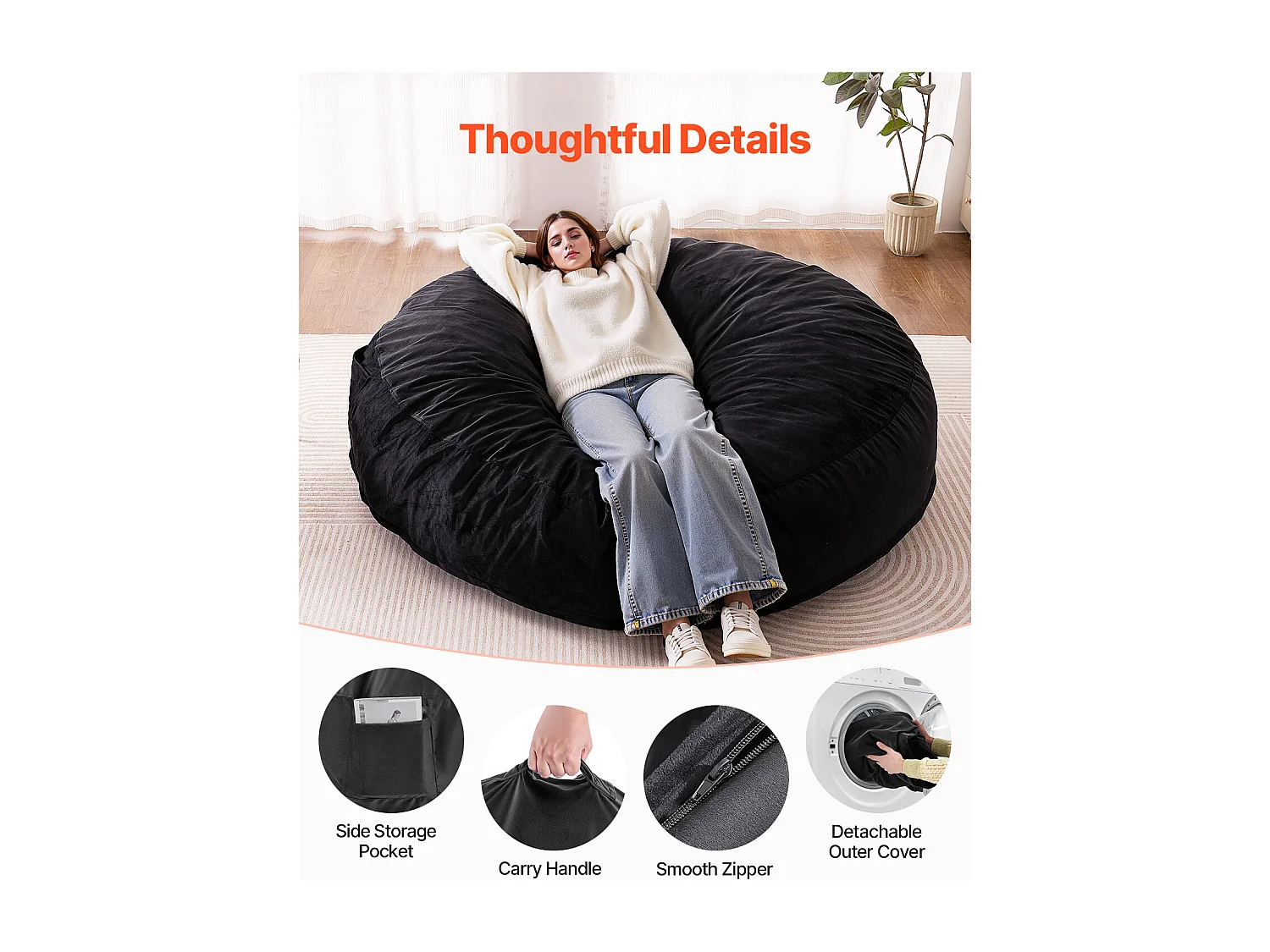 Pouf Fauteuil, SucceBuy Pouf Rond pour Adulte avec Housse Amovible et Lavable Géant Noir