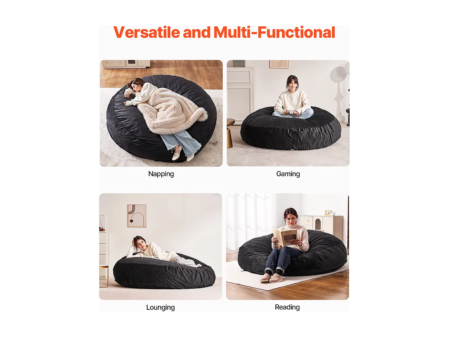 Pouf Fauteuil, SucceBuy Pouf Rond pour Adulte avec Housse Amovible et Lavable Géant Noir