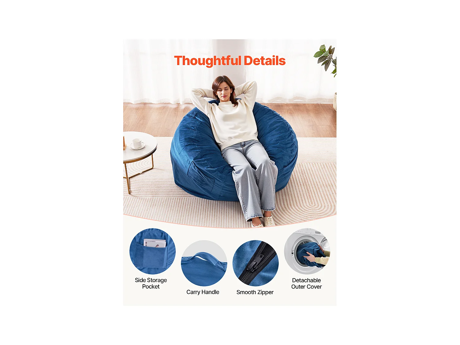 Poltrona Tipo Pufe, SucceBuy Pufe Redondo, Capa Amovível e Lavável para Adulto, Azul