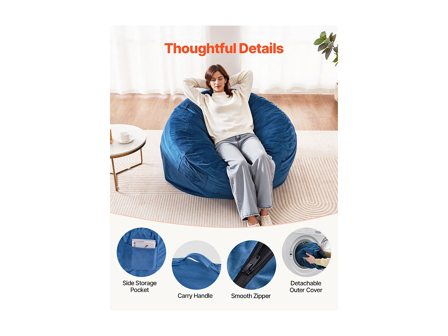 Pouf Fauteuil, SucceBuy Pouf Rond, Housse Amovible et Lavable pour Adultes, Bleu