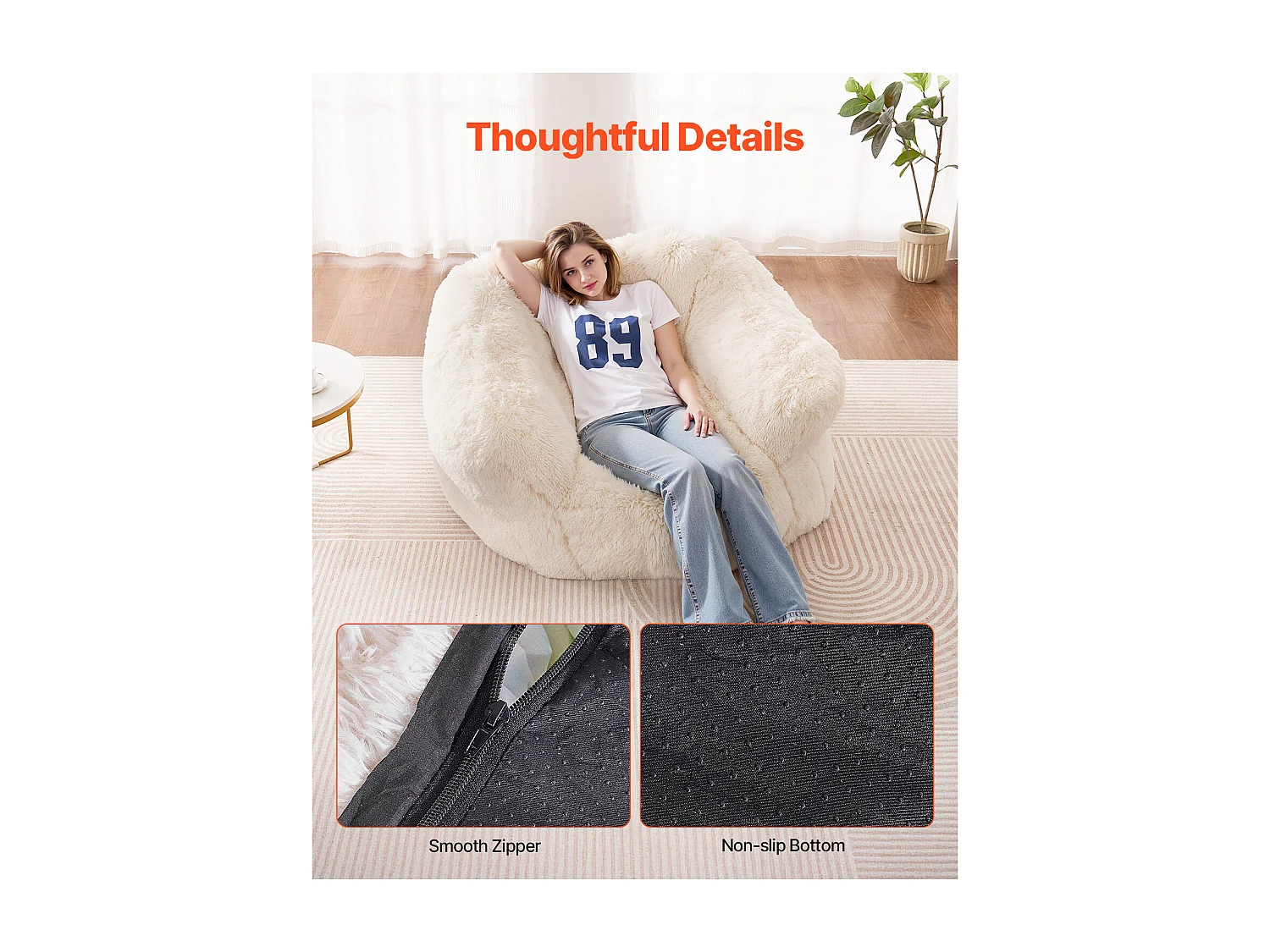 Poltrona Tipo Saco de Feijão, SucceBuy Sofá Tipo Saco de Feijão com Braços para Adulto em Peluche Bege