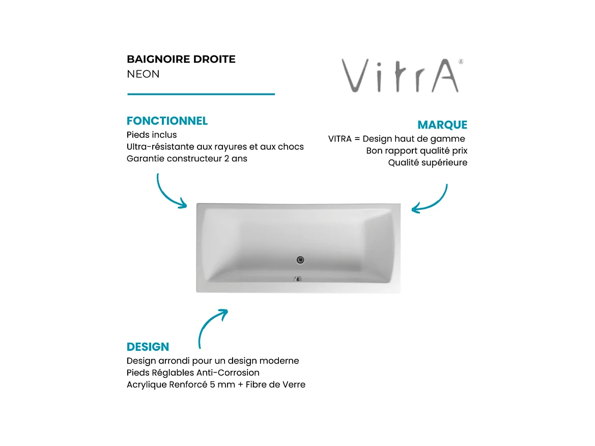 Baignoire rectangulaire VITRA Neon avec pied 170x75cm Blanc