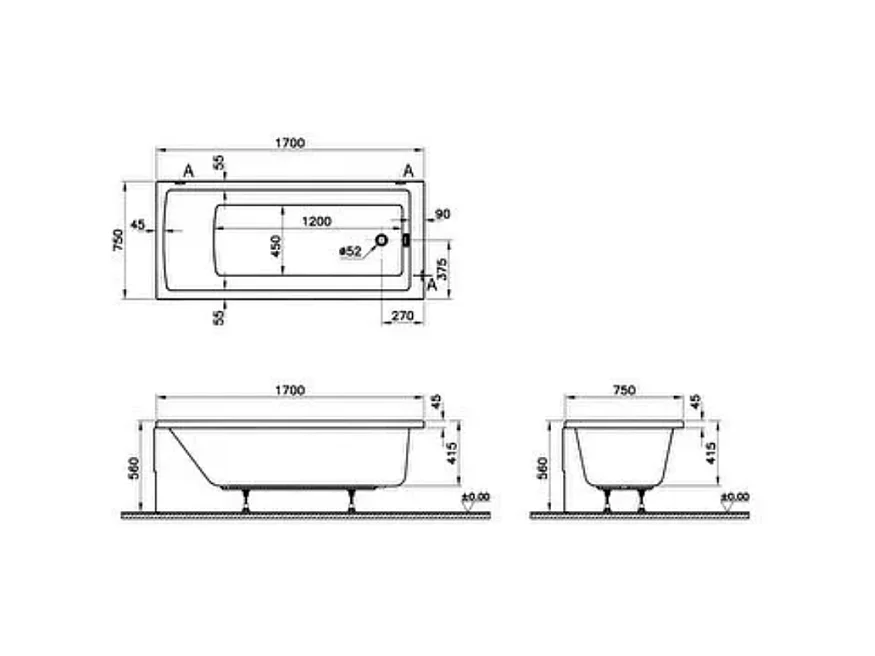 Baignoire rectangulaire VITRA Neon avec pied 170x75cm Blanc