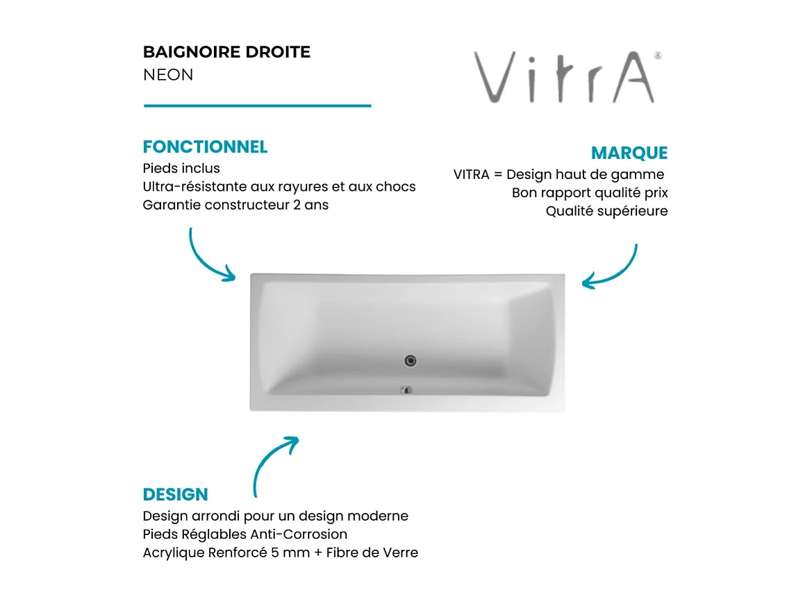 Baignoire rectangulaire VITRA Neon avec pied 170x75cm Blanc