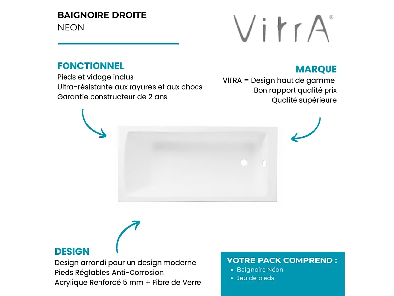 Baignoire rectangulaire VitrA Neon avec pied 170x75cm Blanc