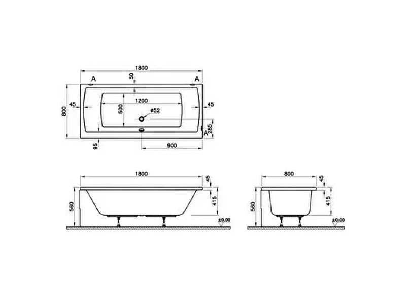 Baignoire rectangulaire VitrA Neon avec pied 180x80cm Blanc