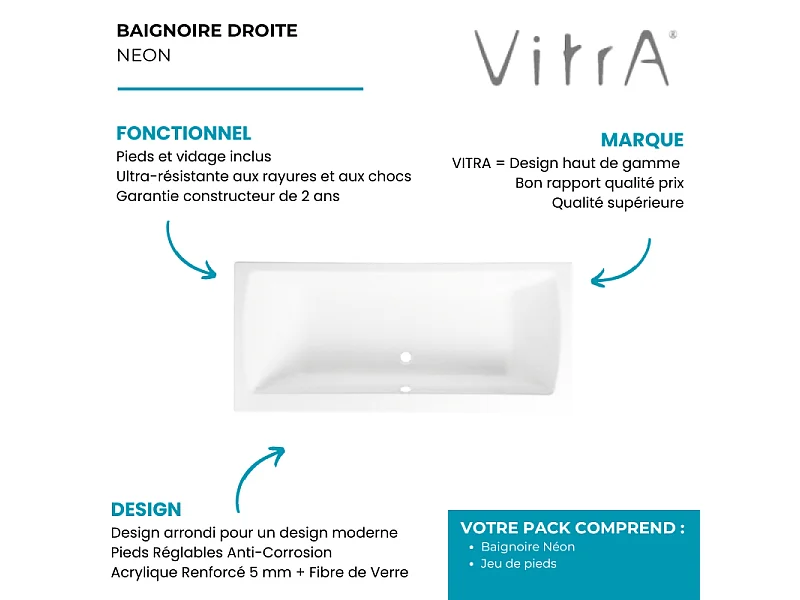 Baignoire rectangulaire VitrA Neon avec pied 180x80cm Blanc
