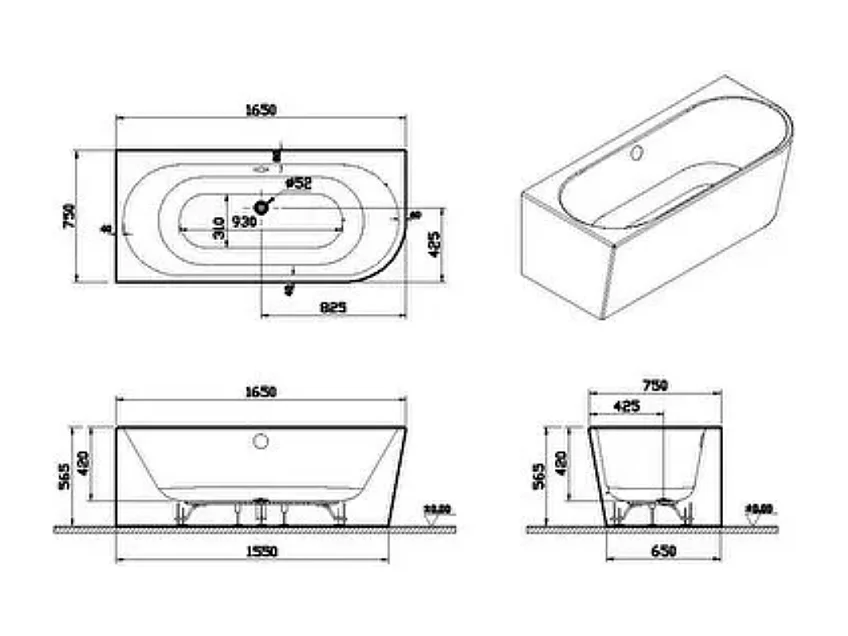 Baignoire murale angle à gauche VITRA Geo 165x75 + pieds + siphon standard