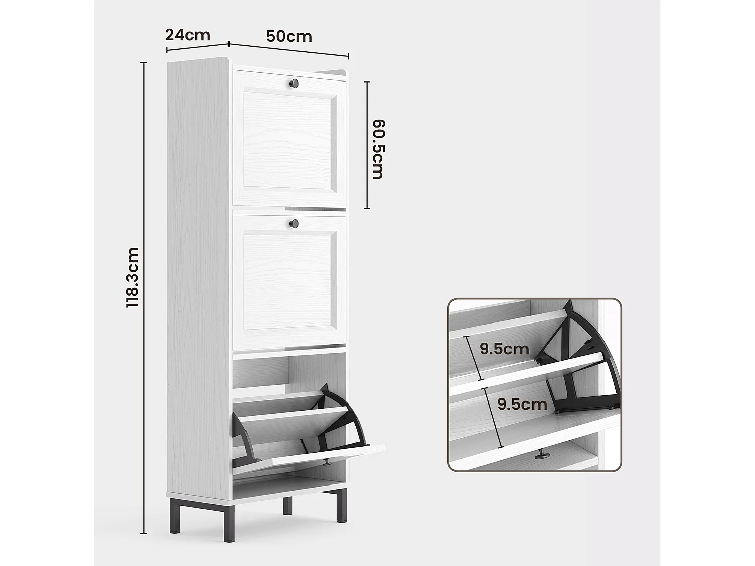 Bealife Meuble à Chaussures Étroite FS52 - 3 Tiroirs Rabattables, Pieds Métal, Blanc