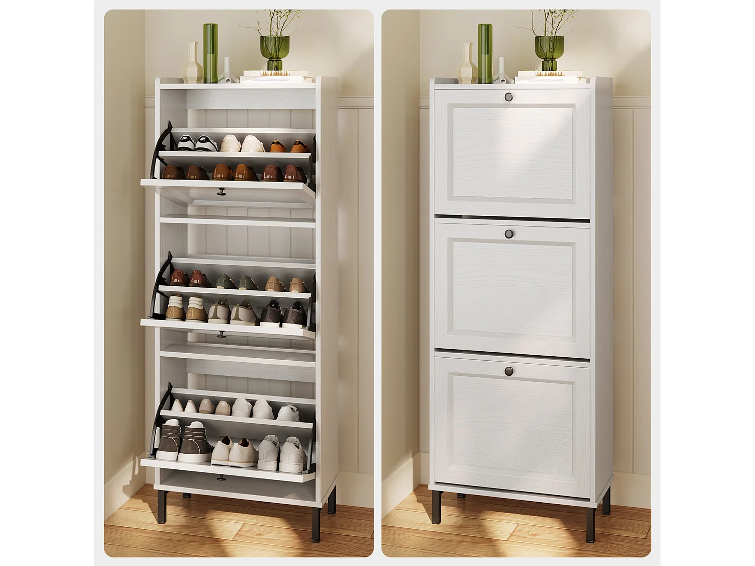 Bealife Meuble à Chaussures Étroite FS52 - 3 Tiroirs Rabattables, Pieds Métal, Blanc