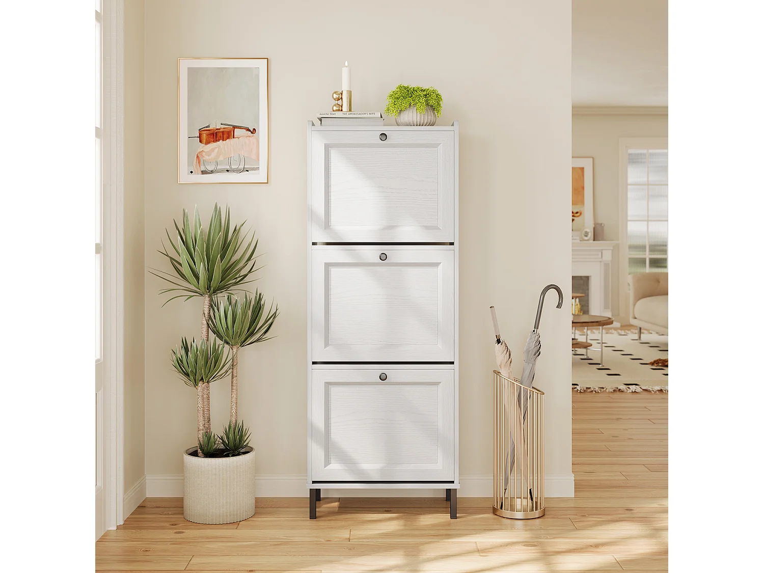 Bealife Meuble à Chaussures Étroite FS52 - 3 Tiroirs Rabattables, Pieds Métal, Blanc