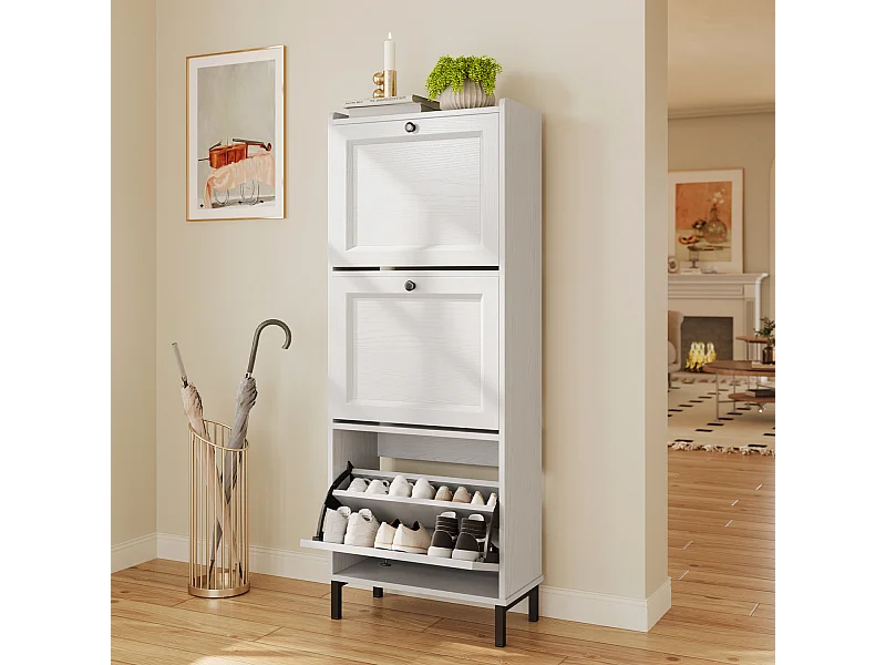 Bealife Meuble à Chaussures Étroite FS52 - 3 Tiroirs Rabattables, Pieds Métal, Blanc