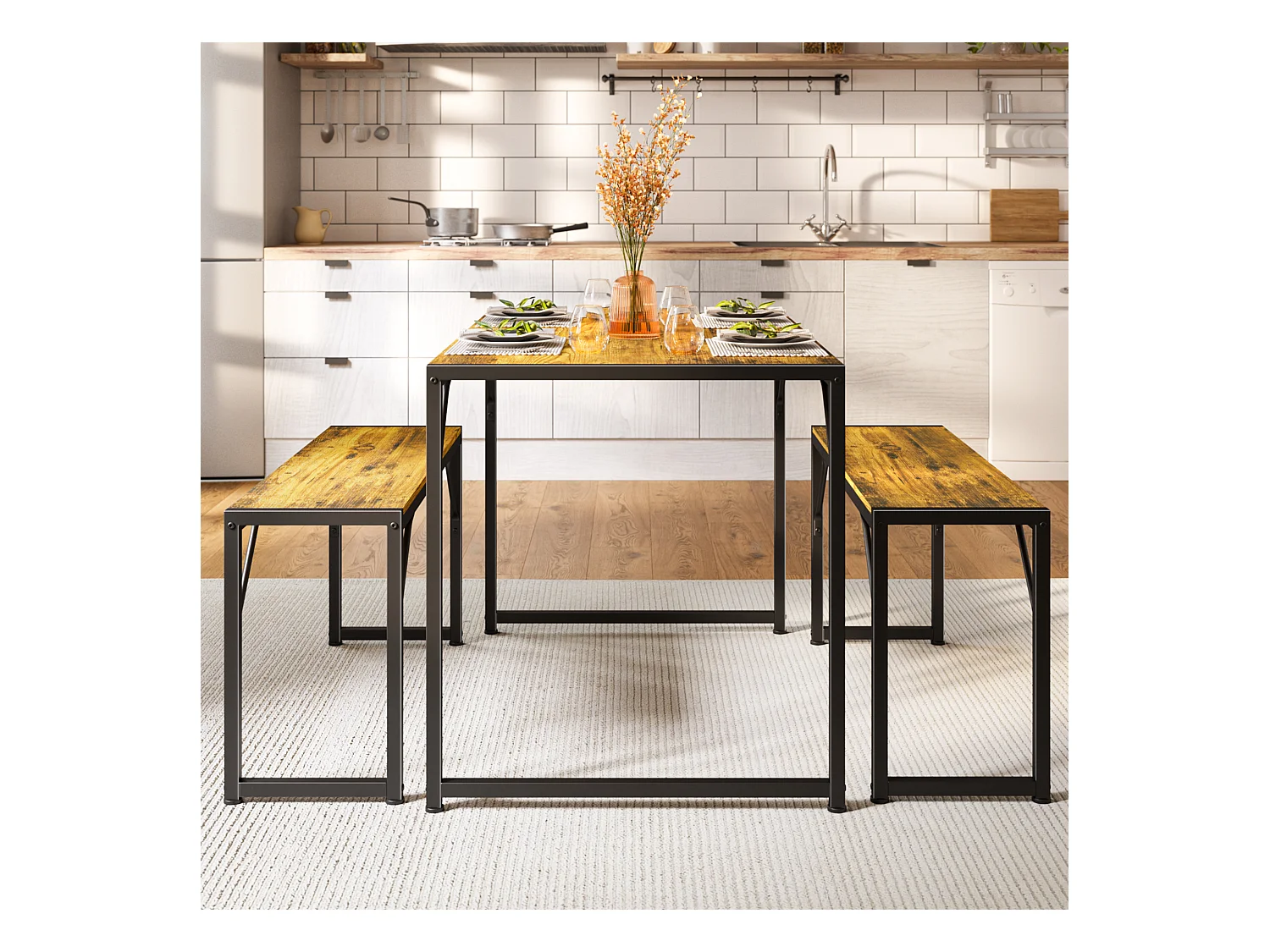 Bealife Ensemble Table de Cuisine Cadre Métal avec 2 Bancs - Retro