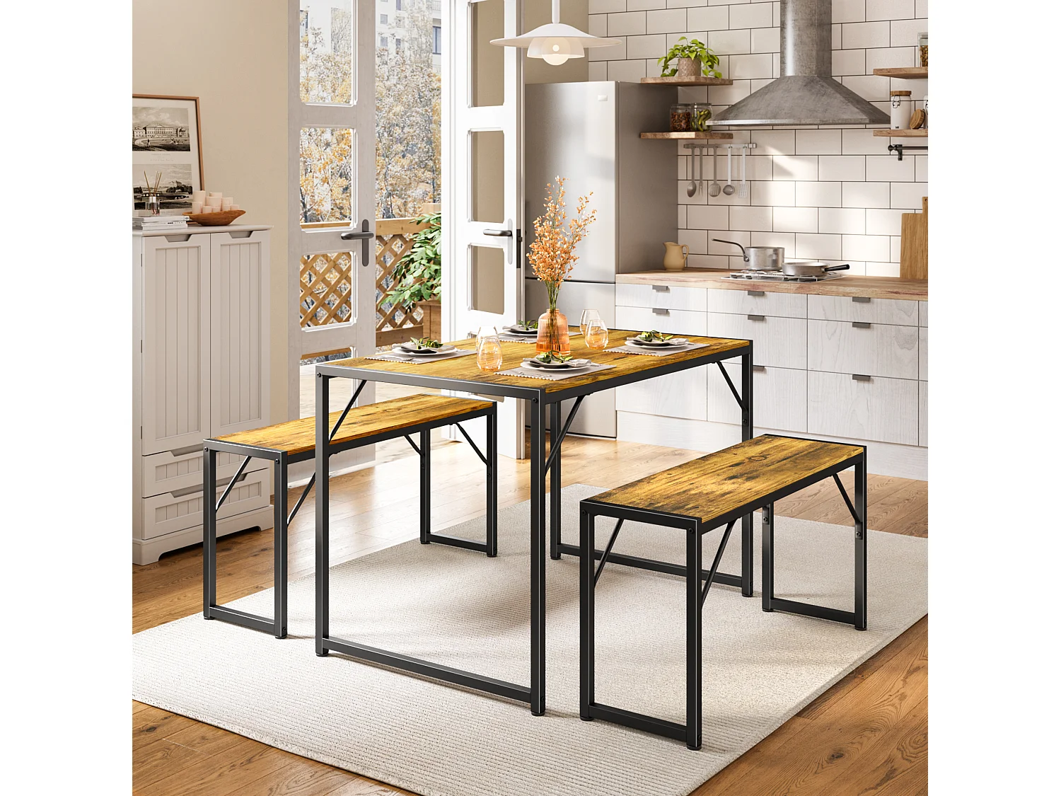 Bealife Ensemble Table de Cuisine Cadre Métal avec 2 Bancs - Retro