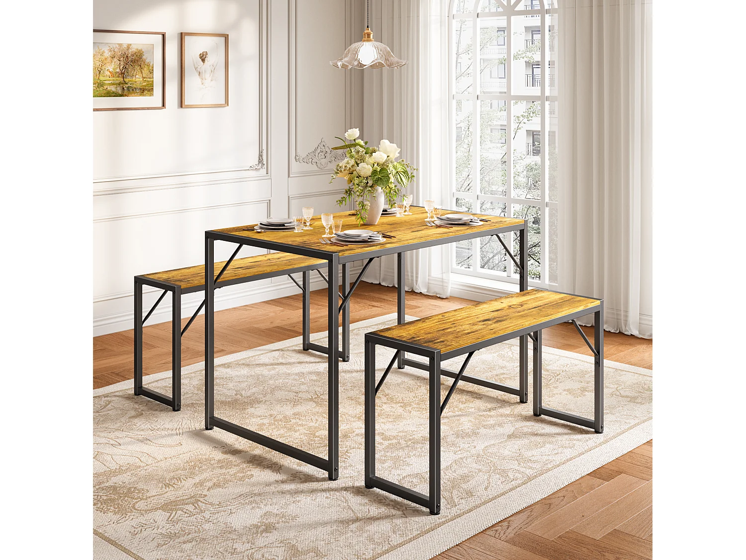 Bealife Ensemble Table de Cuisine Cadre Métal avec 2 Bancs - Retro